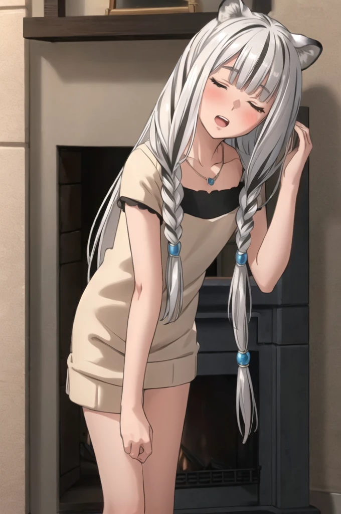 ((masterpiece)), (best quality), (ultra-detailed), photorealistic, (best illustration), ((an extremely delicate and beautiful)), 1girl, solo, long hair, tiger ears, white hair, two-tone hair, facing viewer, sweater, ribbed sweater, barefoot, one leg standing, split, holding one leg, closed eyes, short sleeves, indoors, low twin braids, twin braids, hair ornament, blush, head tilt, fireplace, fire, upper teeth, flat chest, young, aged down, happy, collarbone, necklace,