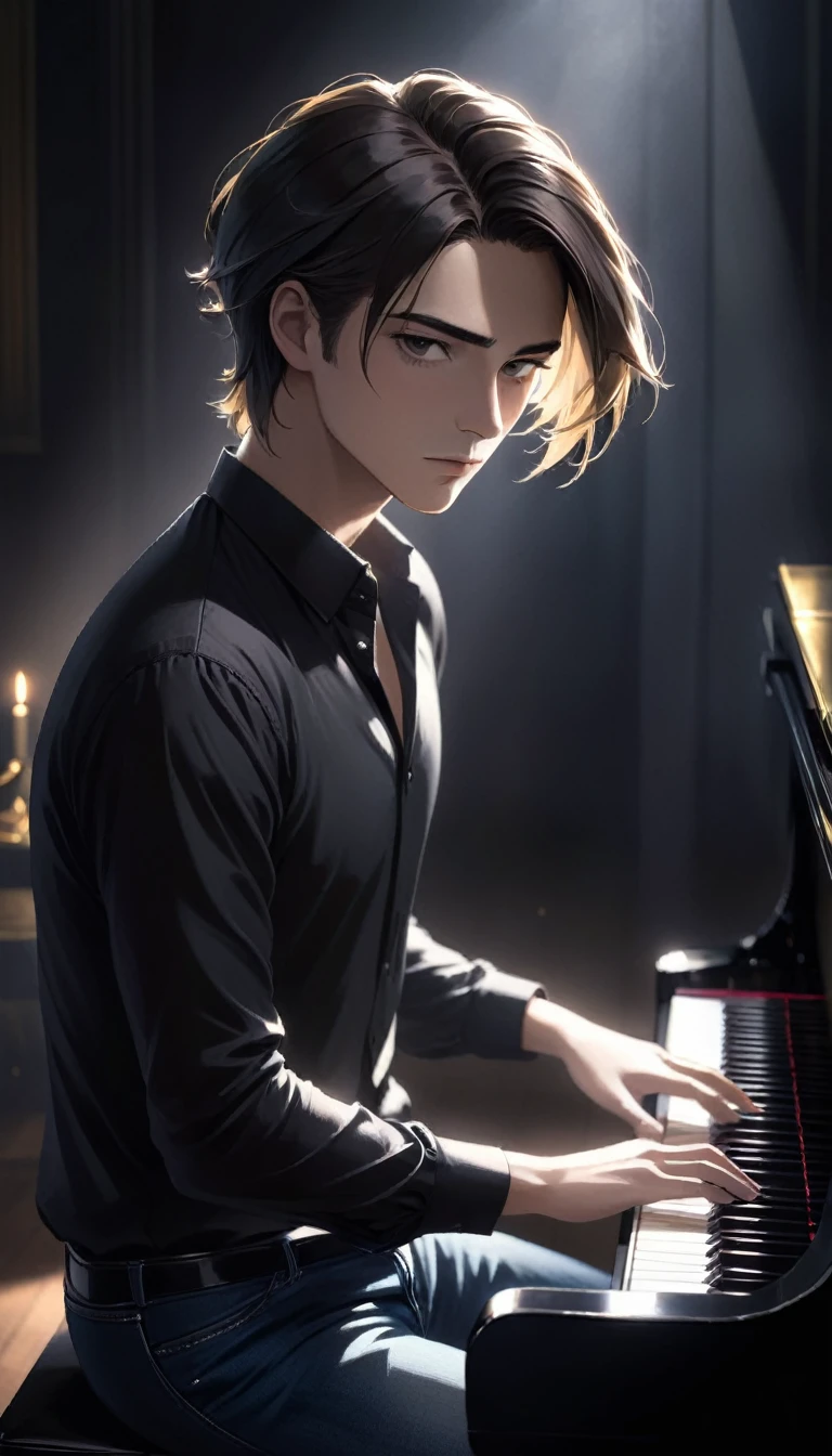 Capture a handsome young man playing a grand piano in a dark, moody setting. He is dressed stylishly, perhaps in a black shirt and jeans, with his hair neatly styled. The lighting is minimal, focusing soft, dramatic beams on the piano and the musician, creating stark contrasts and deep shadows. The rest of the room is enveloped in darkness, adding to the mysterious and intense atmosphere. The expression on his face should reflect deep concentration and emotion, drawing the viewer into the haunting beauty of the scene."