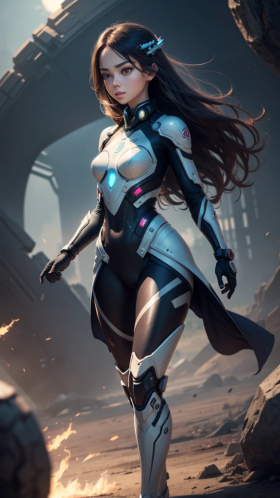 (Perfect Anatomy:1.4,Highest quality、超High resolution、High resolution、Highly detailed CG、8K Unit Wallpaper),((Biologically correct limb count))、(Symmetrical facial features))、Eyes with detailed description、Beautiful woman、Excellent style、(thin)、Facial detailing,masterpiece、Vibrant, Imaginary image of a girl in a mecha suit, ((Fly gracefully across the battlefield of the future)). The girl is full of energy, Bright colors contrast with muted hues, The mechanical beauty of the suit. The suit's vibrant colors and intricate details、Sophisticated, Mecha futuristic design.