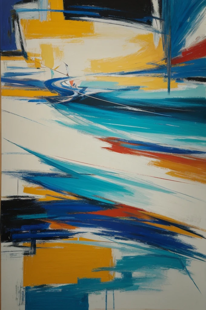an image of a person sitting in a cozy, dimly lit room, surrounded by a whirlwind of abstract shapes and colors that represent various emotions. This person is holding a paintbrush or a pencil, and as they create art, the abstract whirlwind gradually transforms into a serene and harmonious scene, such as a peaceful landscape or a calm ocean.
