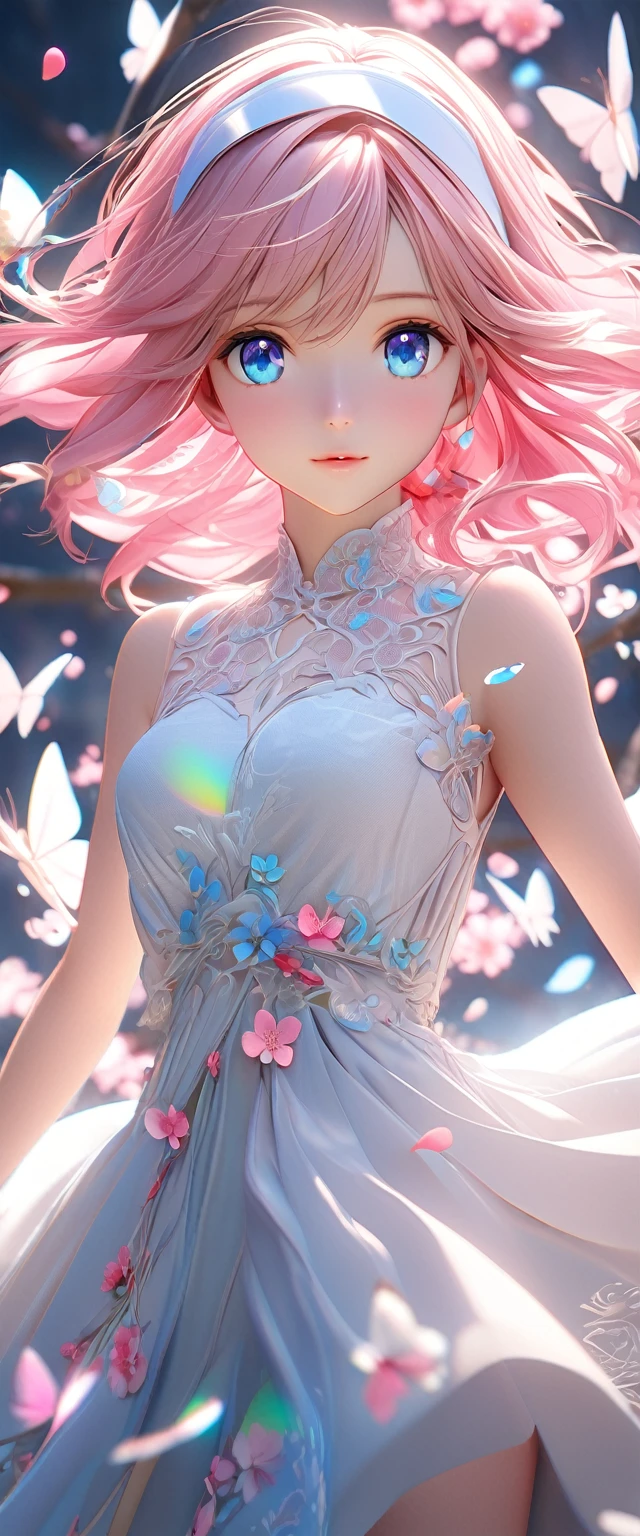 (Highly Detailed CG Unity 8K Wallpaper) (Better Quality) (Better lighting) (an extremely delicate and beautiful) (floating) (beautiful) (Spring atmosphere) (One girl) (Long pink hair), (hair band), (detailed and beautiful blue eyes), ((Very short white dress, pink race underside), (race), ((Lightweight and transparent silk))), (Cherry blossom petals), (butterfly), (Depth of written boundary), (Volumetric Light) Cinema Lighting, chromatic aberration, Sony FE GM, Textured skin, Attention to detail, High resolution, 8K