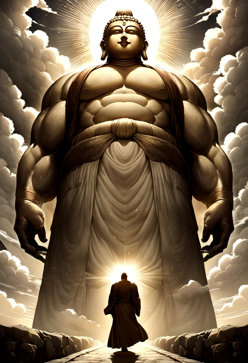 A huge Buddha statue seen in the distance, stone, texture, expensive, Majestic, The background is illuminated by sunlight.,cloud, Inverted Image,side,Pilgrims' Path,Muscle Strength