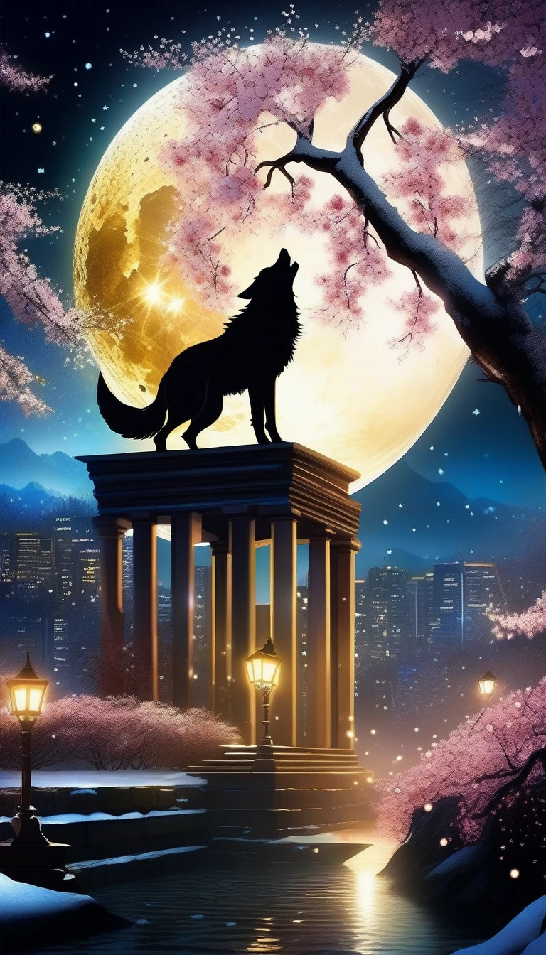 Night view, Dark fantasy cityscape, Crescent Moon, Creates an epic dark fantasy atmosphere, confuse the light of truth, The brilliance of countless star fragments, justice and stupidity, At a blinking distance, Fragments of the disappeared star are scattered, Light and Dark, Nightmare Wolf, Elegant in any atmosphere, fusion of spring and winter, Cherry blossom snowstorm with freezing movements, golden ratio harmony,