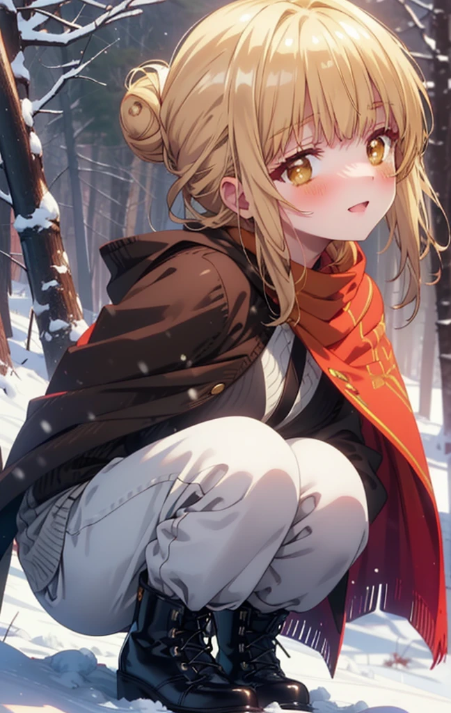 This is Mahirushiina, Mahiru Shiina, blonde, (Brown eyes:1.7), Long Hair, happy smile, smile, Open your mouth,Hair Bun, single Hair Bun,blush,White Breath,
Open your mouth,snow,Bonfire on the ground, Outdoor, boots, snowing, From the side, wood, suitcase, Cape, Blurred, Increase your meals, forest, White handbag, nature,  Squat, Mouth closed, フードed Cape, winter, Written boundary depth, Black shoes, red Cape break looking at viewer, Upper Body, whole body, break Outdoor, forest, nature, break (masterpiece:1.2), Highest quality, High resolution, unity 8k wallpaper, (shape:0.8), (Beautiful and beautiful eyes:1.6), Highly detailed face, Perfect lighting, Extremely detailed CG, (Perfect hands, Perfect Anatomy),