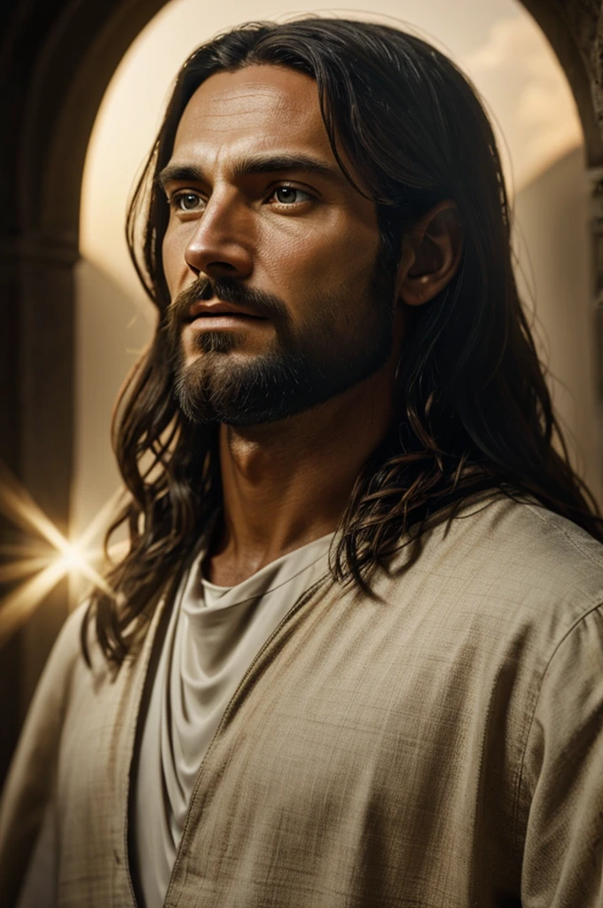 add_detail:1, realistic image of Jesus Christ, add_detail:light and distant light from the sky above the head