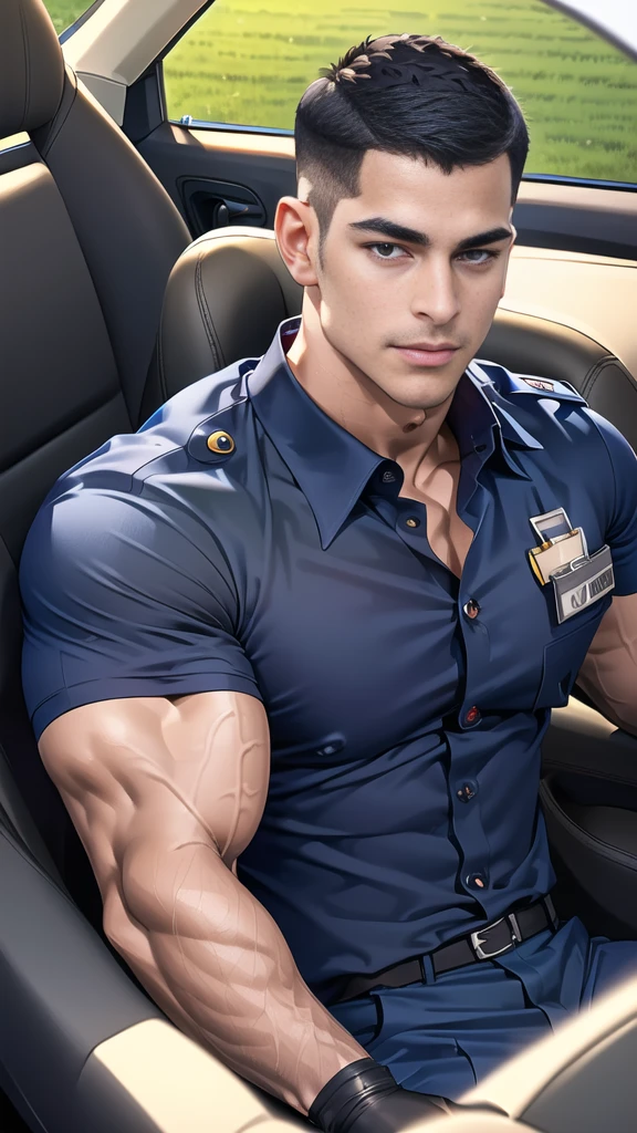 (Create a masterpiece: 1.2),(CGI art:1.3),(realistic:1.5),(After processing:1.3),(Sharp focus:1.3), 1 man holds the steering wheel of a car ,(crew cut short hair:1.8),black eye, smile,(navy police uniform outsite :1.5),(shirt short sleeves:1.5),collar,(shirt covered over:1.2),(name tag and Police badge:1.3),(shirt no ons:1.1),(black_gloves:1.3),
(Navy blue cargo:1.2), Korean guy , korean men, (High gloss details), chest muscles, large arm muscles, blood vessel, Big muscles, Broad shoulders, looking at the audience, Balancing the eyes, middle of the road, (drive a car: 1.5), (in the car: 1.3), , middle of the road