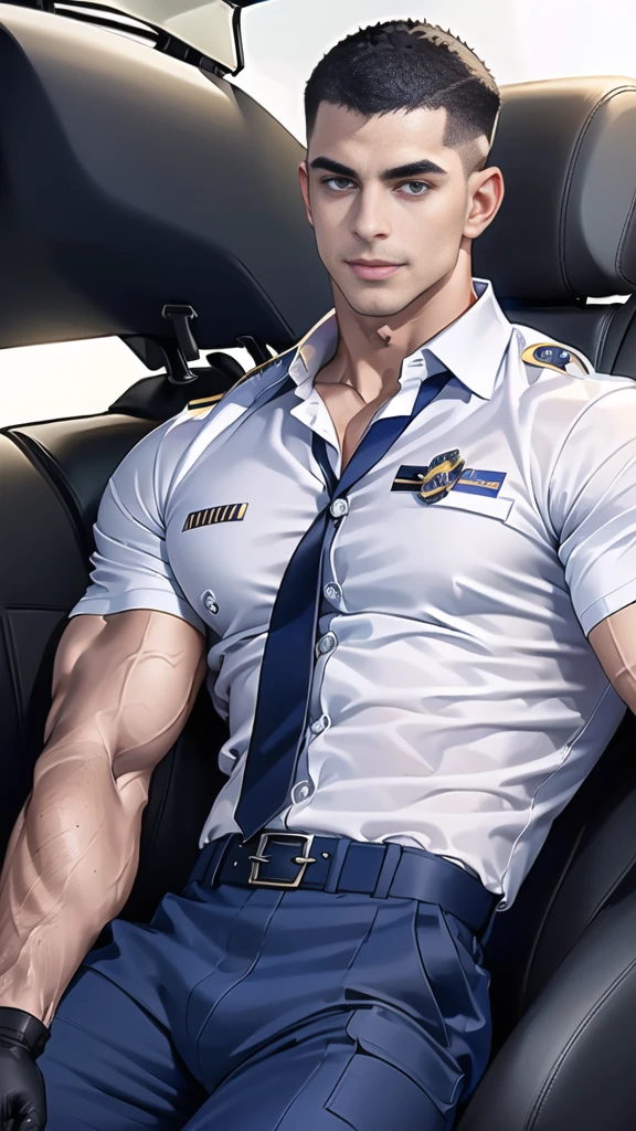 (Create a masterpiece: 1.2),(CGI art:1.3),(realistic:1.5),(After processing:1.3),(Sharp focus:1.3), 1 man holds the steering wheel of a car ,(crew cut short hair:1.8),black eye, smile,(navy police uniform outsite :1.5),(shirt short sleeves:1.5),collar,(shirt covered over:1.2),(name tag and Police badge:1.3),(shirt no buttons:1.1),(black_gloves:1.3),
(Navy blue cargo:1.2), Korean guy , korean men, (High gloss details), chest muscles, large arm muscles, blood vessel, Big muscles, Broad shoulders, looking at the audience, Balancing the eyes, middle of the road, (drive a car: 1.5), (in the car: 1.3), , middle of the road