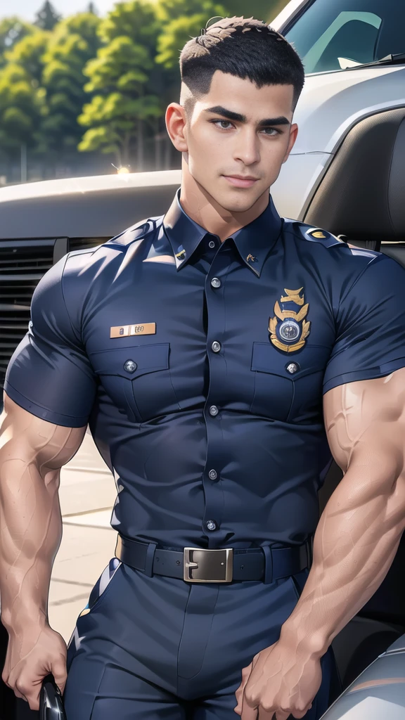 (Create a masterpiece: 1.2),(CGI art:1.3),(realistic:1.5),(After processing:1.3),(Sharp focus:1.3), 1 man holds the steering wheel of a car ,(crew cut short hair:1.8),black eye, smile,(navy police uniform outsite :1.5),(shirt short sleeves:1.5),collar,(shirt covered over:1.2),(name tag and Police badge:1.3),(shirt no buttons:1.1),(black_gloves:1.3),
(Navy blue cargo:1.2), Korean guy , korean men, (High gloss details), chest muscles, large arm muscles, blood vessel, Big muscles, Broad shoulders, looking at the audience, Balancing the eyes, middle of the road, (drive a car: 1.5), (in the car: 1.3), , middle of the road