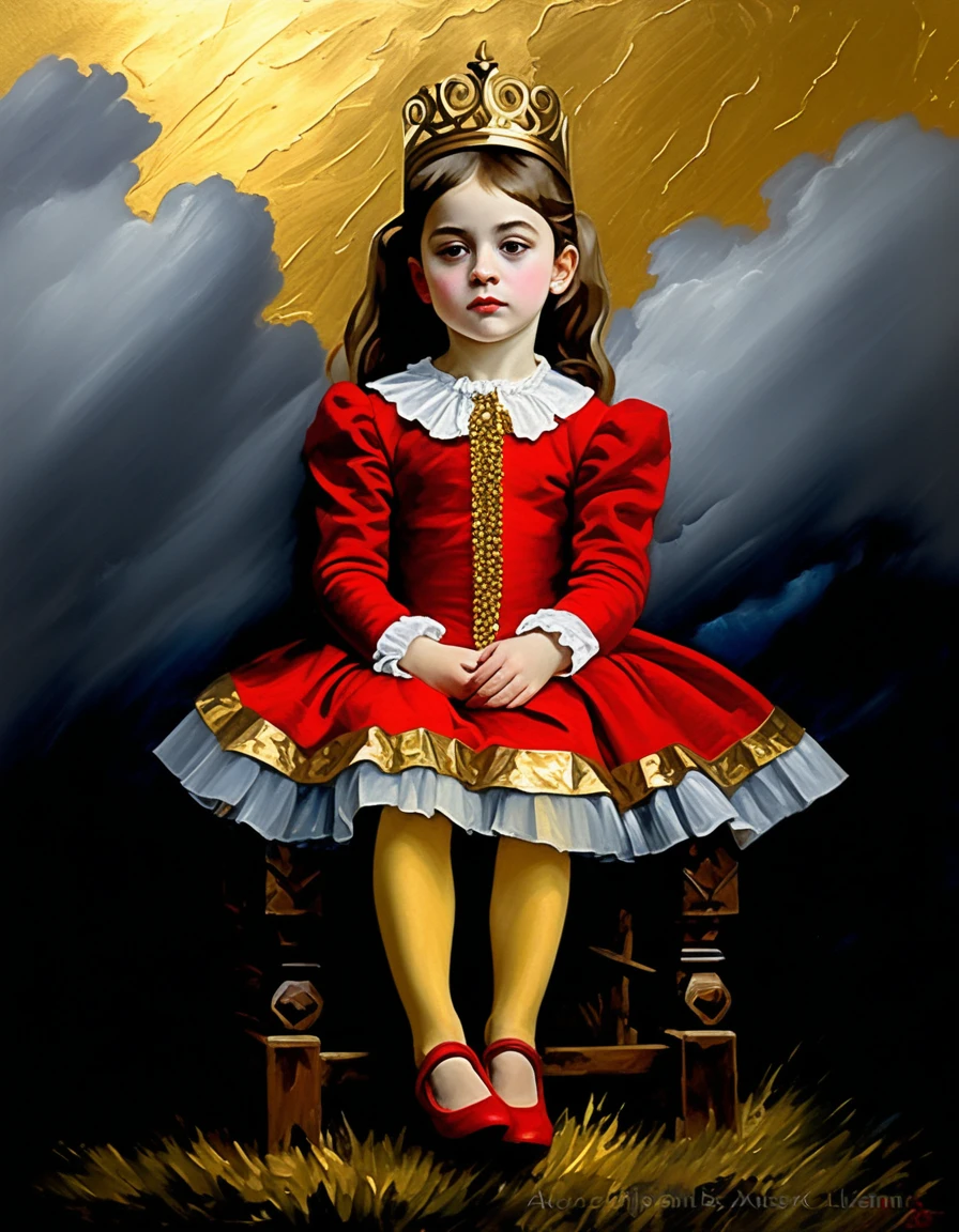 charming young cute girl-princess looks enthusiastically ((sitting on a gold thron)) ((thron of power)), in a red shirt and tights with a tulle frill, Averts his eyes, dark clouds, 15 century,((style by Camille Pissarro, Armand Guillaumin, Alex-Maleew, Gustav Klimt, Edwin Austin Abbey!)), The dark Renaissance, (fog, very scuffing), ((palette/oil painting palette knife)), ((masterpiece)), single shot, impression:1.2, extreme detail, perspective:1.33, 8k