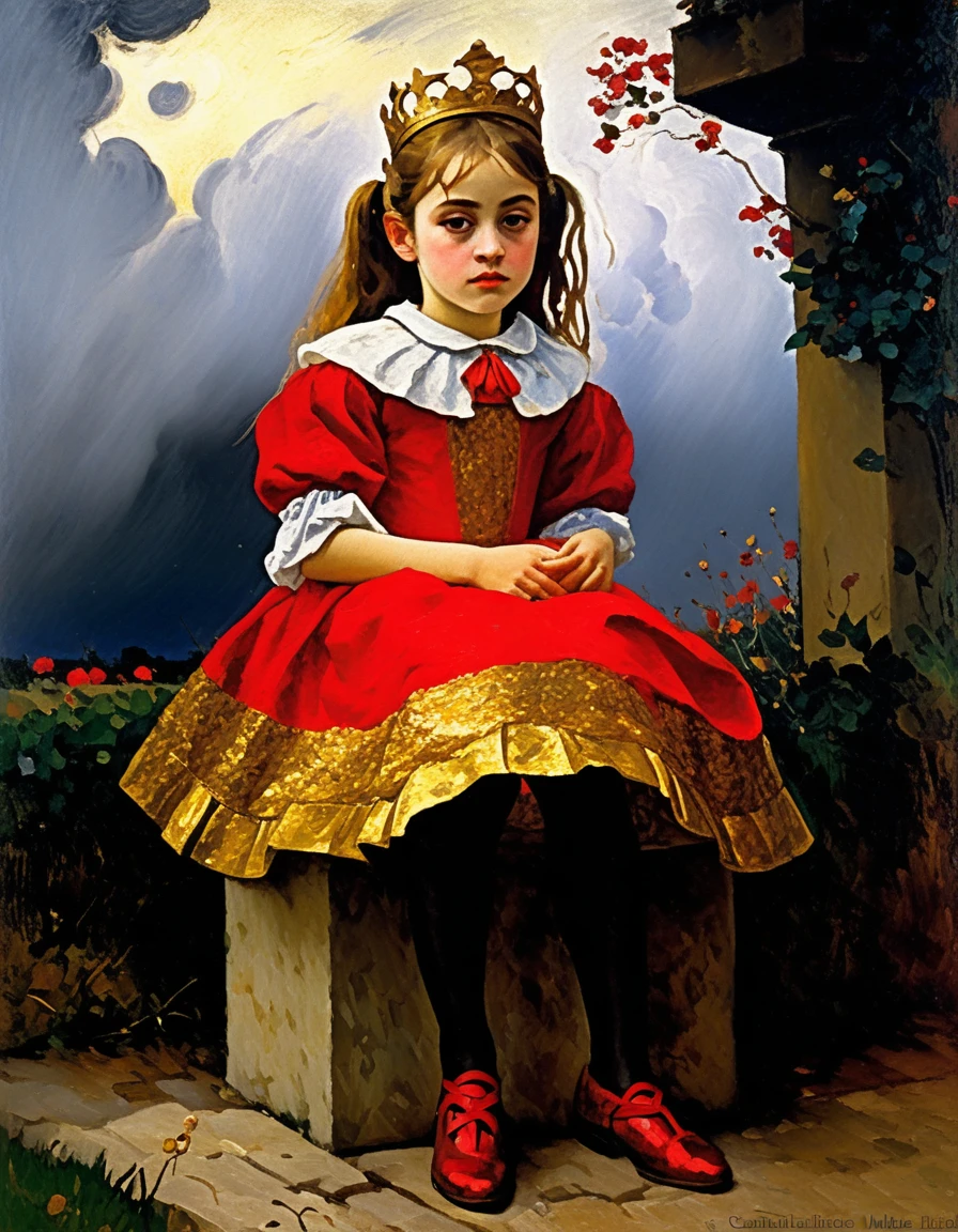 charming young cute girl-princess looks enthusiastically ((sitting on a gold thron)) ((thron of power)), in a red shirt and tights with a tulle frill, Averts his eyes, dark clouds, 15 century,((style by Camille Pissarro, Armand Guillaumin, Alex-Maleew, Gustav Klimt, Edwin Austin Abbey!)), The dark Renaissance, (fog, very scuffing), ((palette/oil painting palette knife)), ((masterpiece)), single shot, impression:1.2, extreme detail, perspective:1.33, 8k