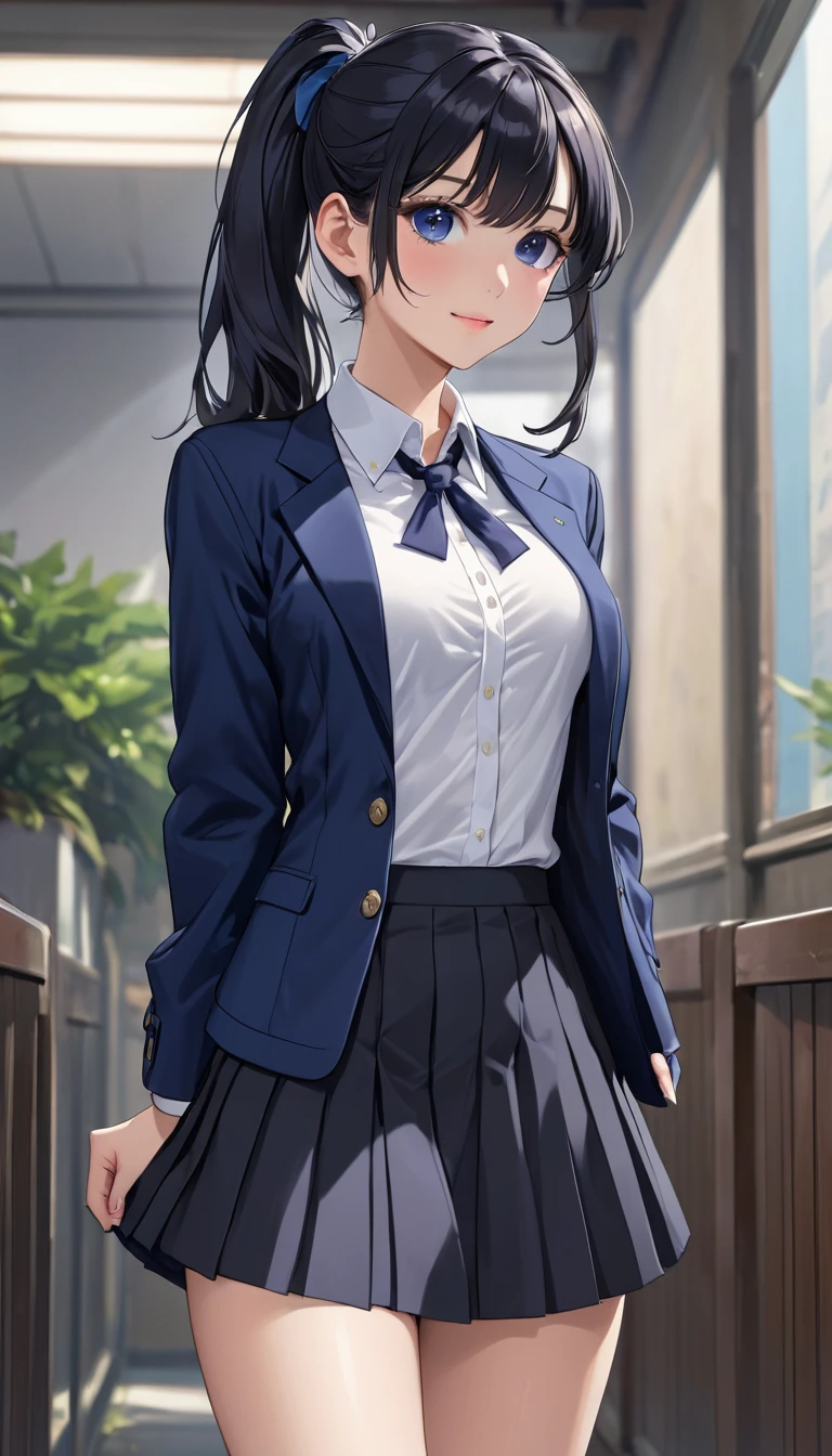 ((Highest quality)), ((masterpiece)), (detailed), (((Perfect Face))), ((A slim 16-year-old girl)), (((A girl wearing a short, tight navy blue jacket, White button-up shirt))), (((Dark blue pleated skirt))), ((Black Hair)), ((Black slanted eyes)), ((ponytail)), (((Are thin))),(((A shy smile))), ((Thin thighs)), ((Thin Hips)), (((girl looking away))), (((Teenage students in suits))), (((Empty Collar))), (((Bare thighs))), (((Wear sneakers)))、{{{Back view}}}, (((Flip up the skirt)))、(((Showing panties)))、(((Turn your butt))),(((Body pillow))), (((Tuck up your shirt))),(((Showing off your bra))),