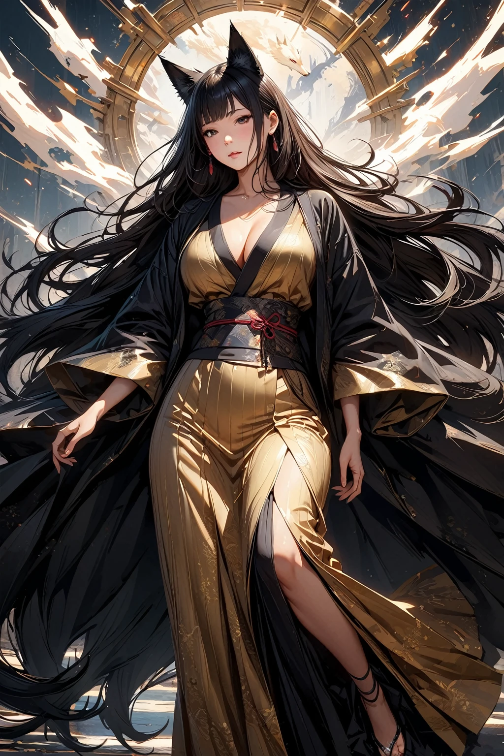 Photorealistic rendering, cinematic shot, Unreal Engine, 8K resolution, realistic lighting effects. Masterpiece, ultra detail, super detail, very detailed, ultra detailed, one, (1 female fox), Japanese, She is in a detailed short gold yukata with black elements and in an elegant pose, super mature, tall, mom, mature mother, super long hair, straight hair, black hair and straight bangs, black fox ears, nine fox tails, beautiful, charming, super black eyes, elegant, big breasts (huge), neutral face, calm atmosphere, she is against the background of Japanese themes.