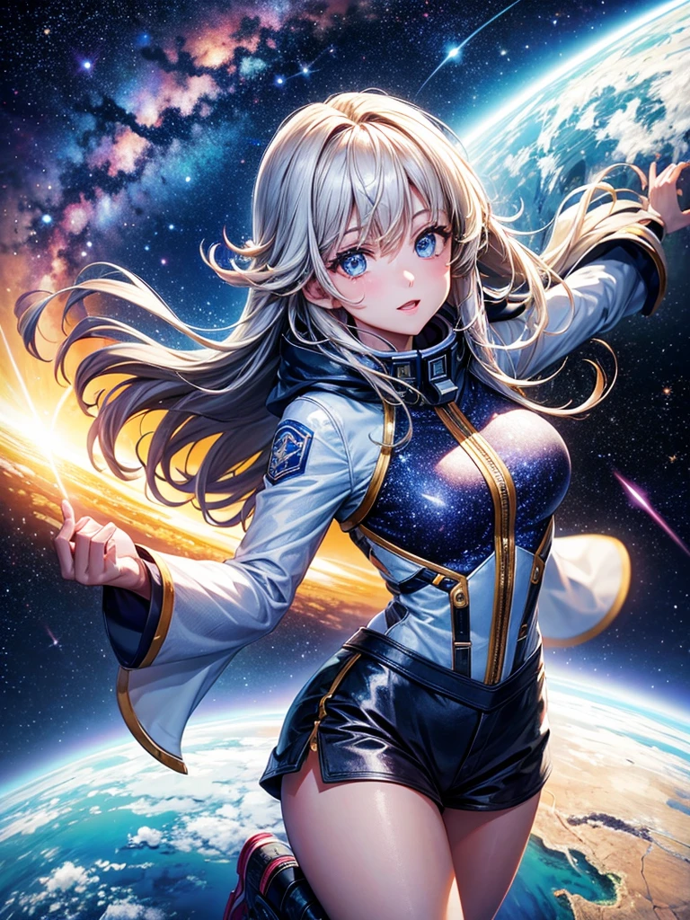 Highest quality,Highest Resolution,A beautiful girl from the future flying in space,Earth in the background,Milky Way,