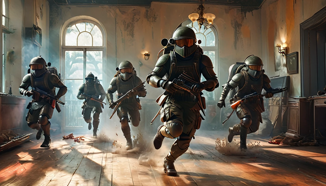 Soldiers in full-face helmets running wild at a party, the location is a luxurious room, 4k masterpiece, best quality, (highly detailed CG unity 8k wallpaper), (best quality), (best illustration), (best shadows), absurdly realistic lighting, (abyss), beautiful glow, art by Peter Mohrbacher,
