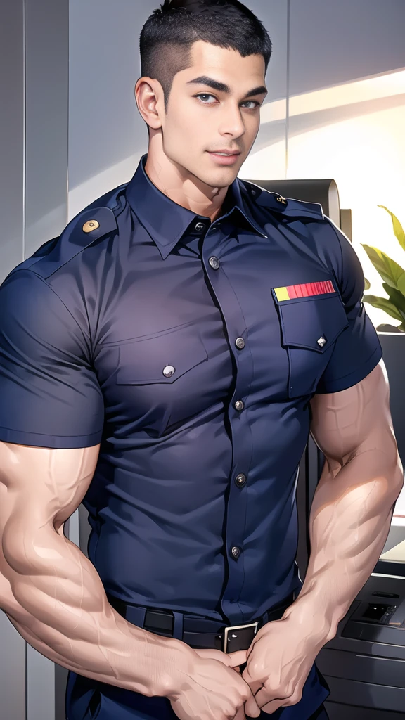 handsome man,(crew cut short hair:1.6),black eye,smile,open mouth,
(navy police uniform outsite :1.5),(shirt short sleeves:1.5),collar,(shirt covered over:1.2),(shirt no buttons:1.1),(black_gloves:1.3),
(Navy blue cargo:1.2),Korean guy,korean men,(High gloss details),(chest muscles:1.2),(large arm muscles:1.2),blood vessel,Big muscles,Broad shoulders,looking at the audience,Balancing the eyes
(in office:1.5),