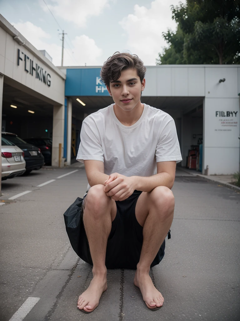 (One Caucasian young man:1.2), short curly hair, full body shoot, (near parking:1.5),((filmy grain)), realistic, photorealistic, hyper-realistic, candid pose, slight smile, wearing only shorts, perfect hands, perfect fingers, perfect limbs,