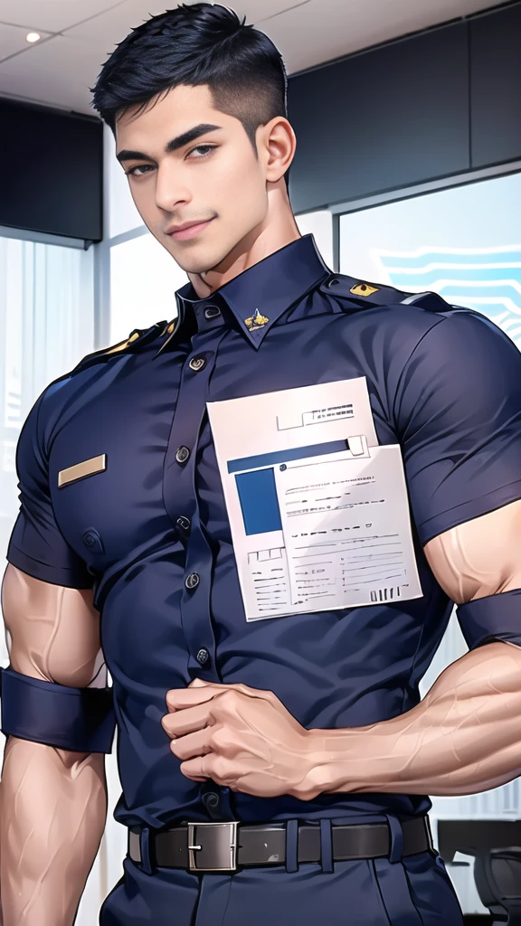 handsome man,(crew cut short hair:1.6),black eye,smile,open mouth,
(navy police uniform outsite :1.5),(shirt short sleeves:1.5),collar,(shirt covered over:1.2),(shirt no buttons:1.1),(black_gloves:1.3),
(Navy blue cargo:1.2),Korean guy,korean men,(High gloss details),(chest muscles:1.2),(large arm muscles:1.2),blood vessel,Big muscles,Broad shoulders,looking at the audience,Balancing the eyes
(in office:1.5),