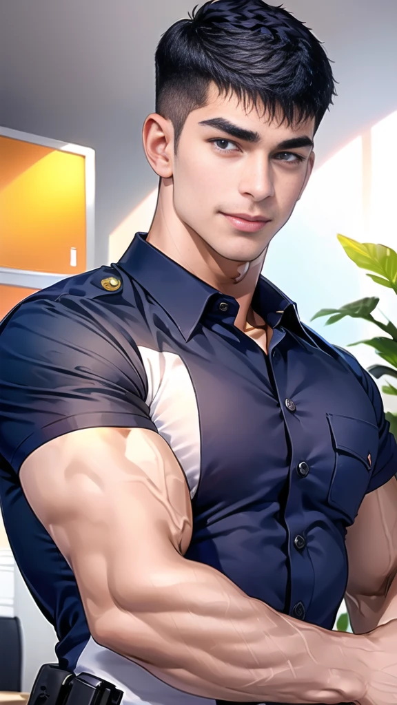 handsome man,(crew cut short hair:1.6),black eye,smile,open mouth,
(navy police uniform outsite :1.5),(shirt short sleeves:1.5),collar,(shirt covered over:1.2),(shirt no buttons:1.1),(black_gloves:1.3),
(Navy blue cargo:1.2),Korean guy,korean men,(High gloss details),(chest muscles:1.2),(large arm muscles:1.2),blood vessel,Big muscles,Broad shoulders,looking at the audience,Balancing the eyes
(in office:1.5),