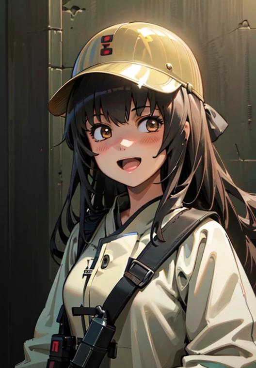 (8K Ultra High-Quality) (Masterpieces) (figure: KIRUKO) 1 Girl, 独奏, long hair, wearing US Army Uniform from Vietnam war era, wearing US Army helmet from Vietnam war, carrying US Army bag, holding M16A1 Colt firearm, laughing looking at viewer.