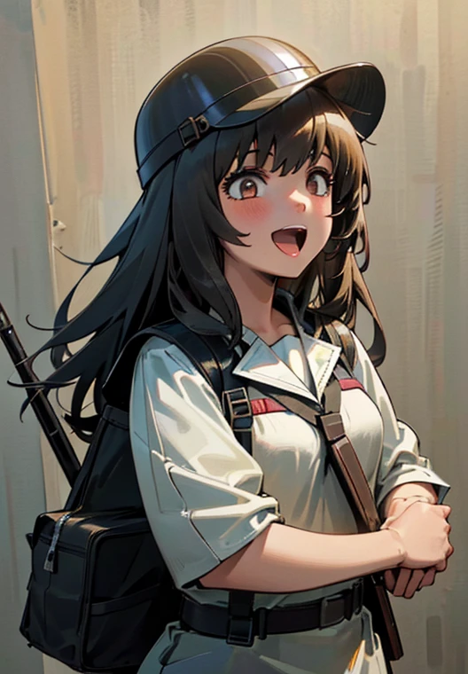 (8K Ultra High-Quality) (Masterpieces) (figure: KIRUKO) 1 Girl, 独奏, long hair, wearing US Army Uniform from Vietnam war era, wearing US Army helmet from Vietnam war, carrying US Army bag, holding M16A1 Colt firearm, laughing looking at viewer.