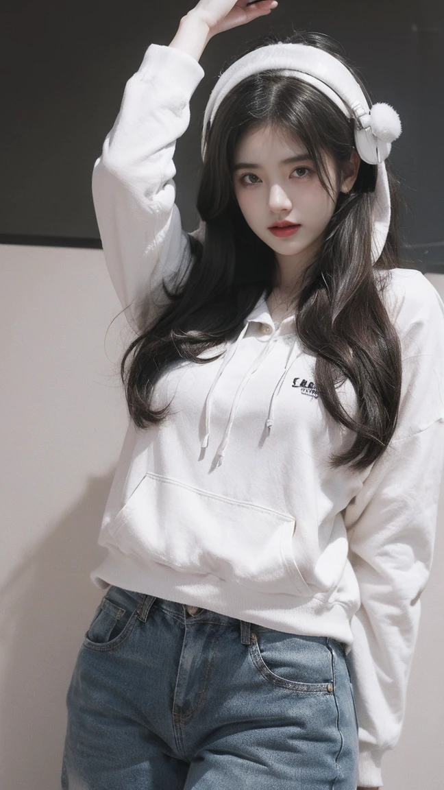 21yo girl,(wearing white hoodie),(wearing headphone),(headphone),(hands behind head),natural big breast, plump body,single sidelock hairpin blush modern cinematic lighting,ray tracing,drop shadow wide shot UHD,textured skin,high details,best quality 4K
