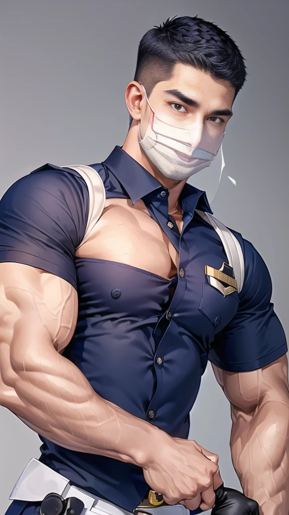 handsome man,(crew cut short hair:1.6),black eye,smile,open mouth,
(navy police uniform outsite :1.5),(shirt short sleeves:1.5),(black_gloves:1.3),
(Navy blue cargo:1.2),Korean guy,korean men,(High gloss details),(chest muscles:1.2),(large arm muscles:1.2),blood vessel,Big muscles,Broad shoulders,looking at the audience,Balancing the eyes,(backpack:1.3)
(in office:1.5) ,(navy Cotton Mask:1.3)