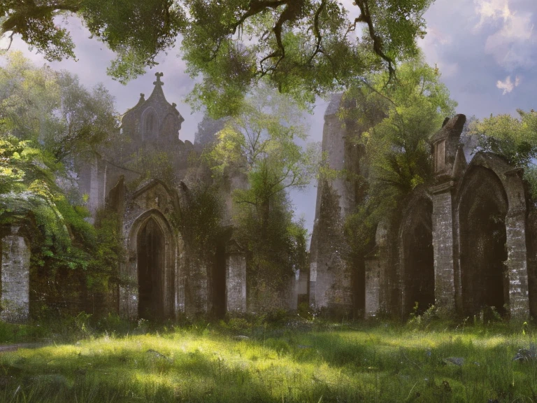 (background),(rule of thirds),(realistic illustration:1.3). Sunrise. Outside of moss covered Gothic church, in the middle of an Old World city, (stone gargoyles). Masterpiece, best quality(highly detailed:1.2),(detailed face and eyes:1.2), depth of field, 8k wallpaper, natural lighting, core shadows, high contrast, bokeh.