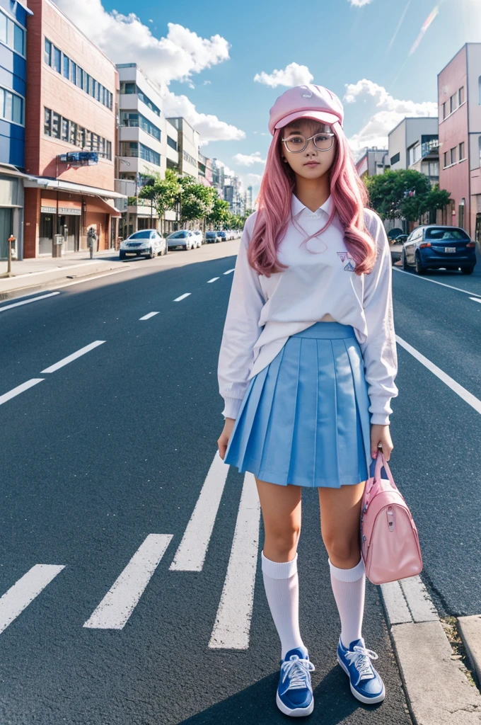 Japanese high school girl, standing on the sidewalk, posing with two fingers in both hands, distant view, pink hair, pink eyes, long hairstyle, wearing a white mask, wearing a blue cap, wearing glasses with transparent lenses. , blue rims, raw footage, 4k resolution, white gloves, long blue skirt down to the knee, white socks up to the knee, blue-white sneakers, street and city background, random cars Position, random color of car, morning, bright blue sky, bright white clouds in random position.