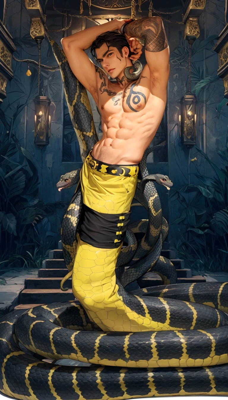 arafed man with a snake tattoo on his arm and a snake on his leg, lower half of his body is snake, chest up human lower half snake, snake human hybrid, snake man, snake body, serpent body, eugene gottsnake, his trunk is a long tentacle, inspired by Hedi Xandt, hastur the king in yellow