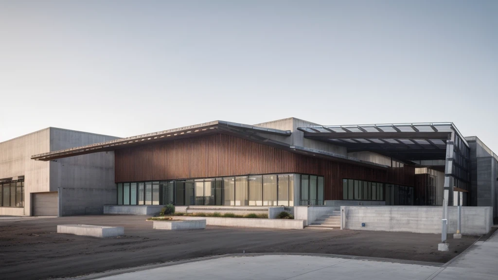 Day lighting, Beautiful sky,(harmony context), Entrance of office building in factory project, (minimalist modern style), attractive human to inside, sophisticated architectural detail, mixture material concrect+glass+metal+wood, ((high detail)), best quality, realistic