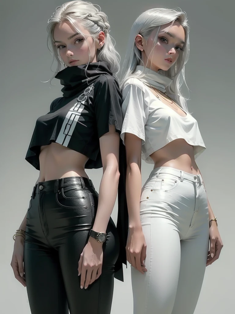 (Absurd, High resolution, Super detailed), masterpiece, Highest quality, 1 person, Bright costumes, has two swords, Silver Hair, Short sleeve shirt, scarf, From below, Girls Shots,1 personの女の子, Standing pose, whole body, compensate, mascara, Soft lips、Or colored, fundo preto Simple, Minimalism, Monotony, paletas de cores Simple, clean, Sharp Project, Fluid silhouette, skirt and tight pants, High waist skirts and pants, vestidos Simple, bikini, asymmetrical, Geometric, Elegant and luxurious materials and design, Simple, Minimal accessories, Silver or gold necklaces and thin rings, Pulseiras Simple, Differentiated Design, silhuetas Simple, estilo Simple e sofisticado, grace, Minimalism, High Quality Materials, Fresh and urban printing, High Fashion, Simplicity and sophistication,