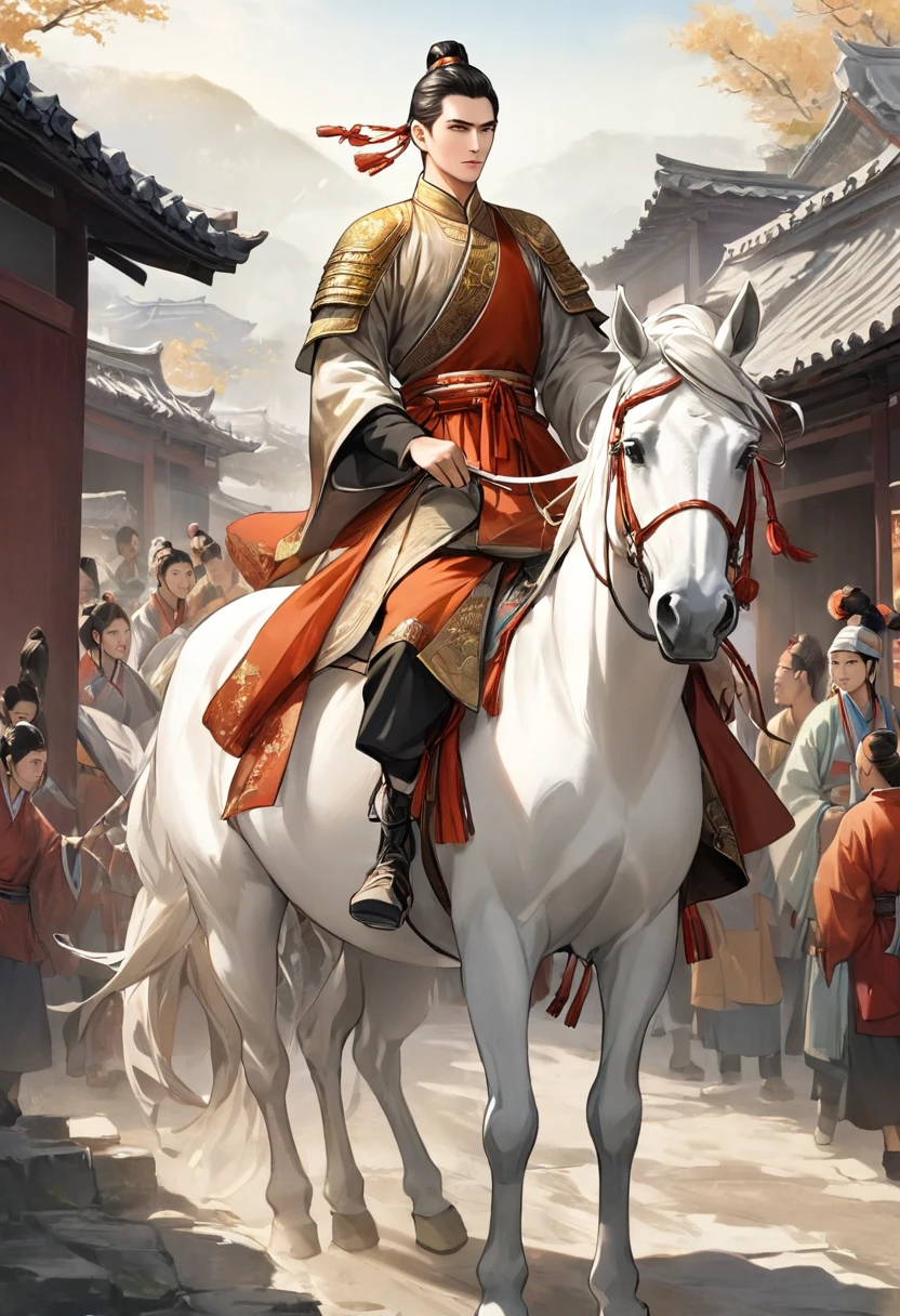 A handsome young general rode a white horse into the village,Ancient Chinese Clothing,The Gallant Horse