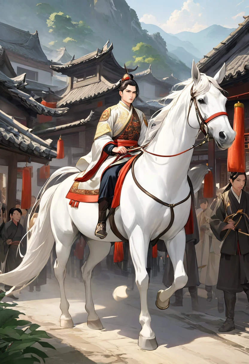 A handsome young general rode a white horse into the village,Ancient Chinese Clothing,The Gallant Horse