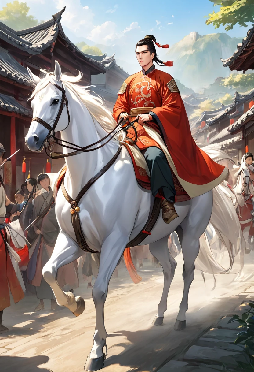 A handsome young general rode a white horse into the village,Ancient Chinese Clothing,The Gallant Horse