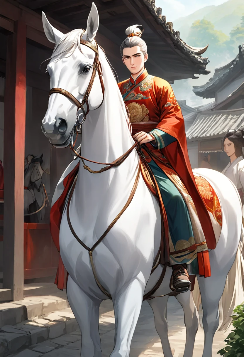 A handsome young general rode a white horse into the village，Ancient Chinese Clothing，The Gallant Horse