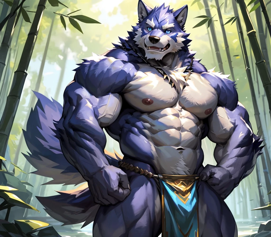 absurdres, ((best quality)), ((masterpiece)), (ultra detailed), perfect face,(sharp eyes),sharp focus,japanese anime,manga,(by null-ghost,by traver009,by lindong,by pino daeni), (male antro wolf):2.0,((deep indigo fur)), ((white belly)), vertical white on forehead, sharp eye,ultra-detailed eyes, exquisite eyes, ((blue:0.1) eyes), ((long yellow loincloth), with blue pattern):0.8,muscular male,sexy body, reflection, (Great physique),strong arms man,middle-age, strong, (((sfw:1.5))), ((abs, strong muscle, 8 pack)), shirtless, claw, pink nipples, white fluffy chest hair, (indigo wolf tail, long fluffy tail), handsome, majestic, Delicate canine teeth, hairy, male, in the bamboo forest, (full body view)