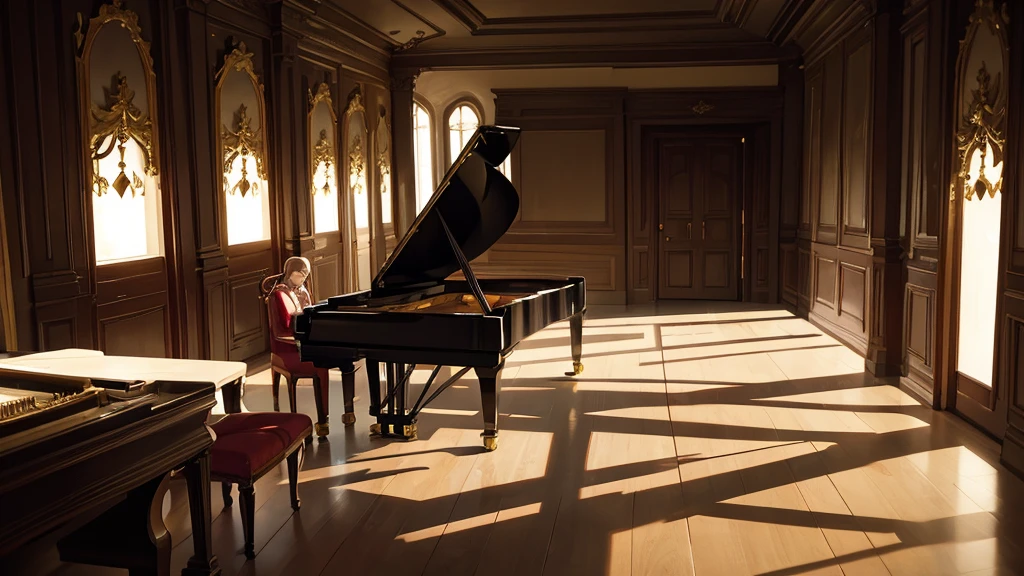 Create an image inspired by classical piano in Hannibal Lecter films. Depict a cute woman with headphones in a dimly lit, elegant room with a vintage grand piano. Use subtle ambient lighting, gentle shadows, and vintage decor for a nostalgic, introspective feel.