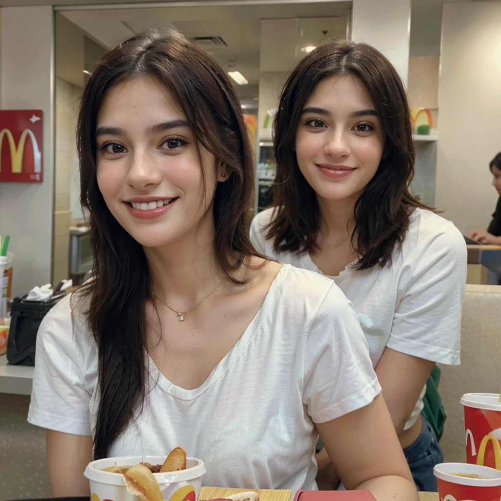 ultra realistic photograph of a not very pretty 28 year old girl looking to her left side very subtly, sentada em uma mesa do McDonald's, com leve sorriso no rosto, background with medium blur, e sem palavras na imagem.