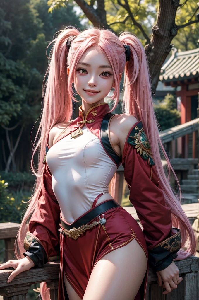 Perfect human body modeling, 1girl, small breasts, beautiful girl, cute girl and idol face, young face, smile, Beautiful long pink hair, twintails, Beautiful shining red eyes, white skin, Short body, Western-style fantasy, RPG, martial artist, dark green Chinese Combat Uniform,