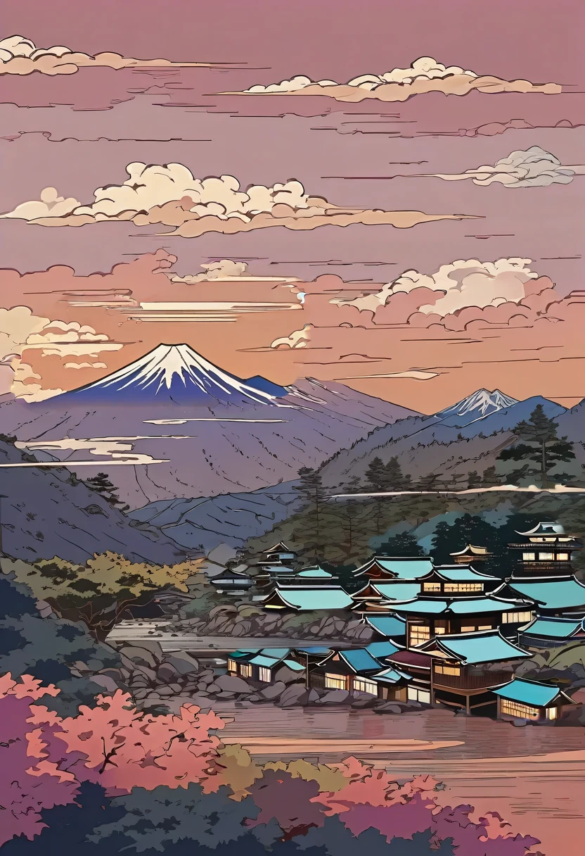 illustration of a mountain town with a river and a mountain in the background, in the art style of ukiyo - e, inspired by Yoshida Hanbei, inspired by Kawase Hasui, detailed scenery —width 672, inspired by Hasui Kawase, kilian eng vibrant colours, detailed digital illustration, inspired by Tōshi Yoshida