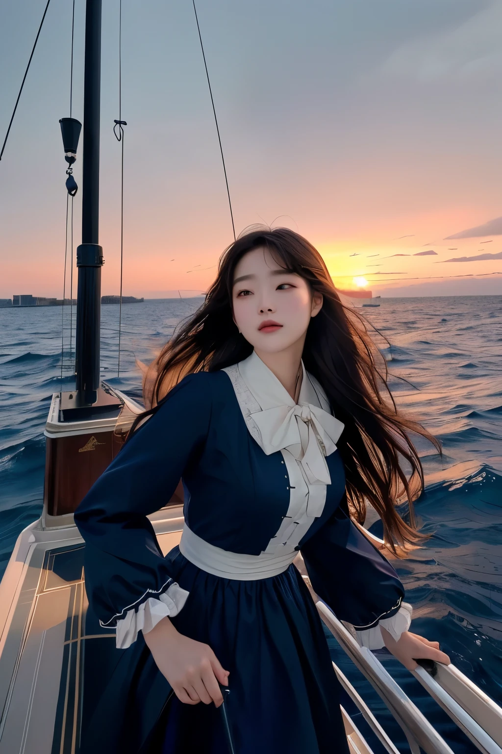 8K, masterpiece, 아름다운 여성 on a boat at sunset, titanic, At sea, rotoscoped, Carl Eugen Kiel(Carl Eugen Keel)Works inspired by, at sunset, Thrilling and romantic, movie stills, by Susan Heidi, By Thomas Dalziel, Inspired by Hans Price, cinematics, at dusk!, at sunrise, on the bow, (Highly detailed facial expressions),