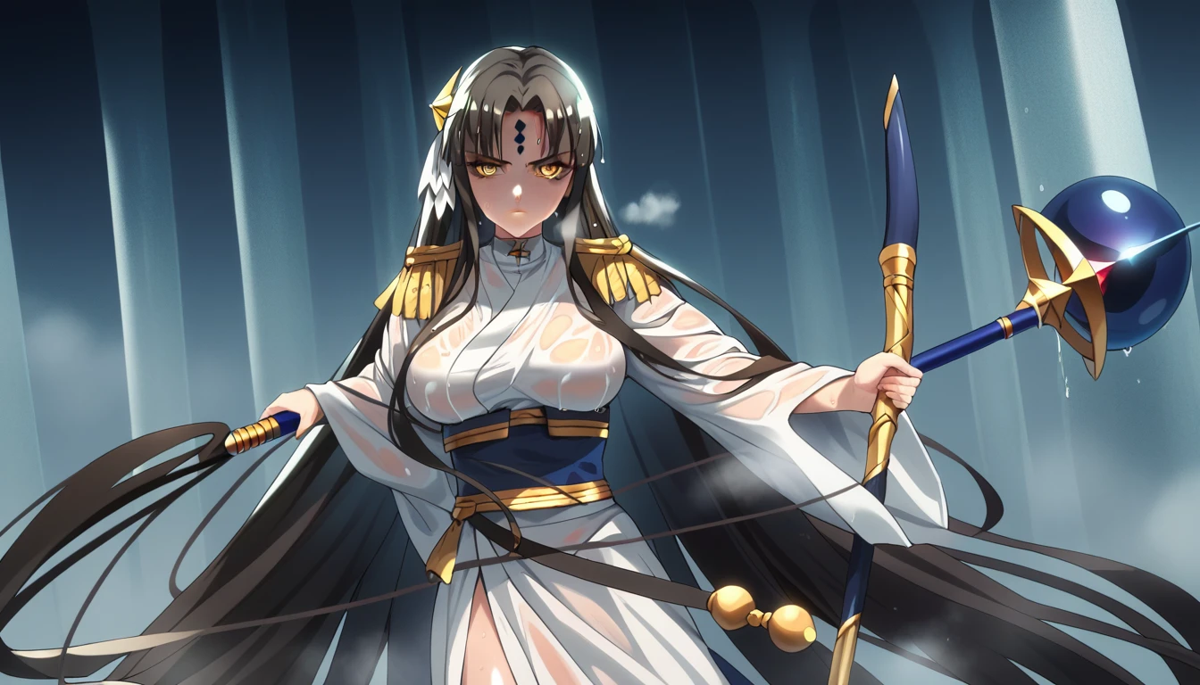 score_9, score_8_up, score_7_up, score_6_up, uncensored, Michiko_Tanaka, absurdly long hair, golden eyes, black hair, hair ornament, very long hair, parted bangs, forehead mark, lips, shiny skin, sweating, wet, wet hair, steaming body, heavy breathing, large breasts, detailed body, detailed eyes, annoyed, glaring eyes, large breasts, BREAK (masterpiece:1.2), best quality, high resolution, unity 8k wallpaper, (illustration:0.8), (beautiful detailed eyes:1.6), extremely detailed face, perfect lighting, extremely detailed CG, (perfect hands, perfect anatomy), hollow eyes, bright pupils, 1girl, breasts, staff, holding, holding_staff, 