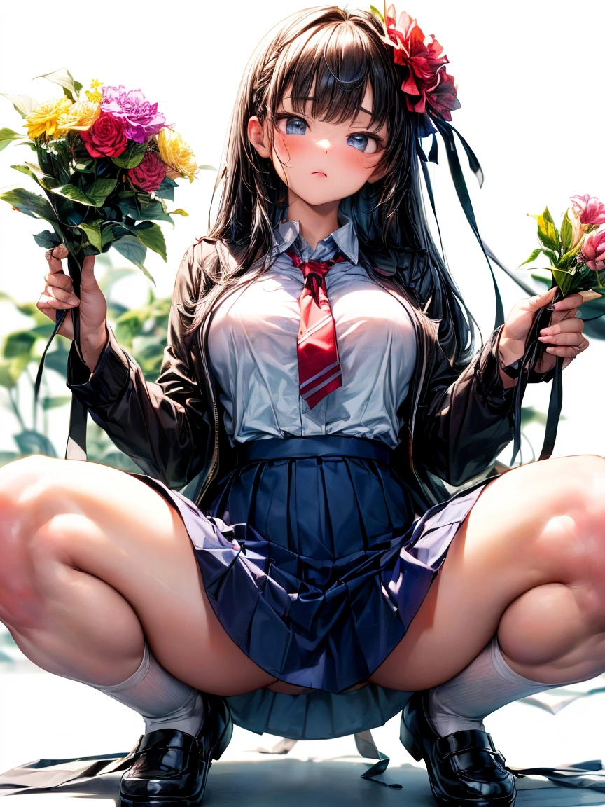 (High School Uniform:1.5)、(Spread your legs)、(Rich color expression)、(Big Breasts)、8K resolution、 masterpiece、((Highest quality))、Anatomically correct、The girl is alone、(I narrowed my eyes a little.:2)、(Flower Hair Ornaments)、(tie)、(ribbon)、(Check long skirt:1.3)、((Hasselblad Photos))、[:(Detailed face:1.2):0.2]、(Squat)、(Stare intently)、(White background:1.3)