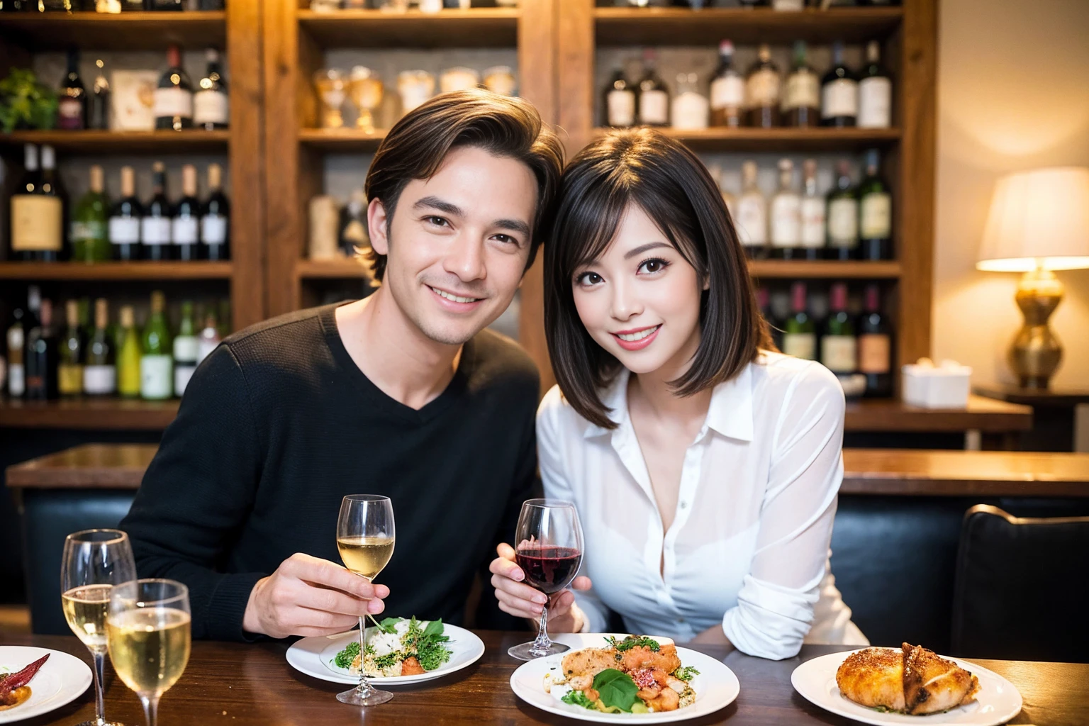 ((Highest quality、、masterpiece:1.3))、1 male、1 female、spouse、Beautiful couple、Smile、full-course dinner、 (Slim face), (the body is スリム), (Brown Hair), (Shortcuts), ((Bob Hale、Straight hair:1.2)), テーブルの上のwine glass、Shine light on your face、 Amazing view of the sunset sky and clouds、The beauty of a smile、Bright image、Blushing, Shortcuts, (Age 35), 39 years old, Appetizers、Italian food、Wine bottle、Champagne、sparkling wine、Long sleeve shirt、dress、Attractive beauty、restaurant, Nova Frog Style, actress, model, Upper Body, White wine, red wine, wine glass,