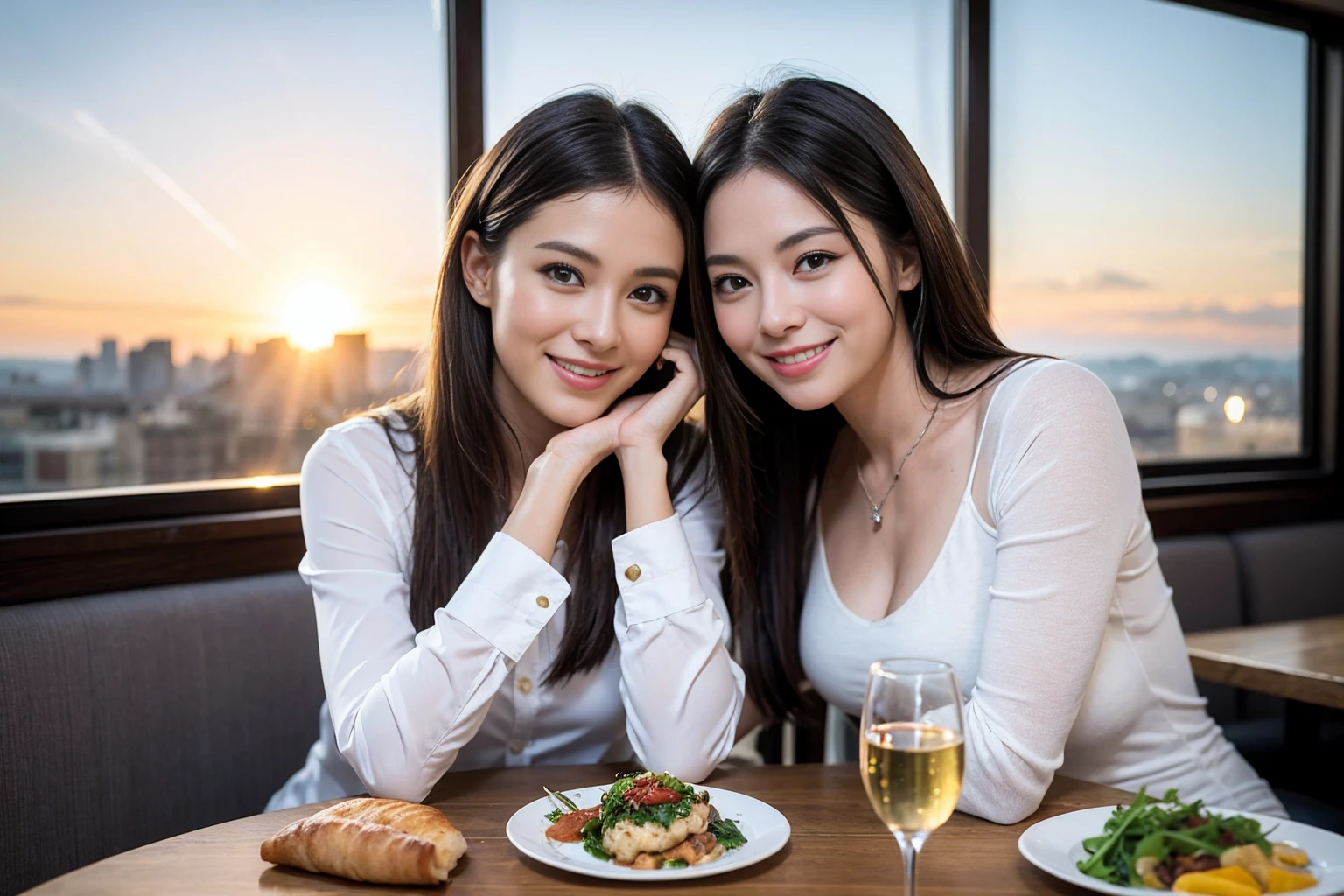 ((Highest quality、、masterpiece:1.3))、1 male、1 female、spouse、Beautiful couple、Smile、full-course dinner、 (Slim face), (the body is スリム), (Brown Hair), (Shortcuts), ((Bob Hale、Straight hair:1.2)), テーブルの上のwine glass、Shine light on your face、 Amazing view of the sunset sky and clouds、The beauty of a smile、Bright image、Blushing, Shortcuts, (Age 35), 39 years old, Appetizers、Italian food、Wine bottle、Champagne、sparkling wine、Long sleeve shirt、dress、Attractive beauty、restaurant, Nova Frog Style, actress, model, Upper Body, White wine, red wine, wine glass, 