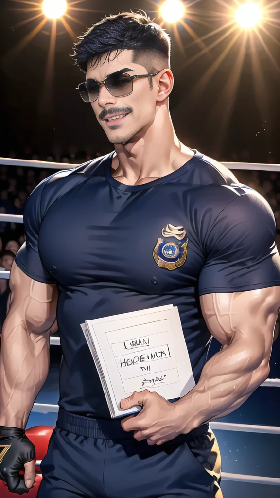 (handsome Man),(Thin mustache:1.1),(crew cut short hair:1.5),black eye,
(navy blue tight-fitting round neck short sleeve T-shirt:1.3),(Police badge:1.3),navy blue cargo pants,(navy_gloves:1,3),(navy_backpack:1.3),(sunglasses:1.3),
Korean guy,chest muscles,large arm muscles,blood vessel,Big muscles,Broad shoulders,(open mouth:1.2),(face up:1.2),(open eyes:1.5),middle of the road,smile,(boxing ring:1.4),