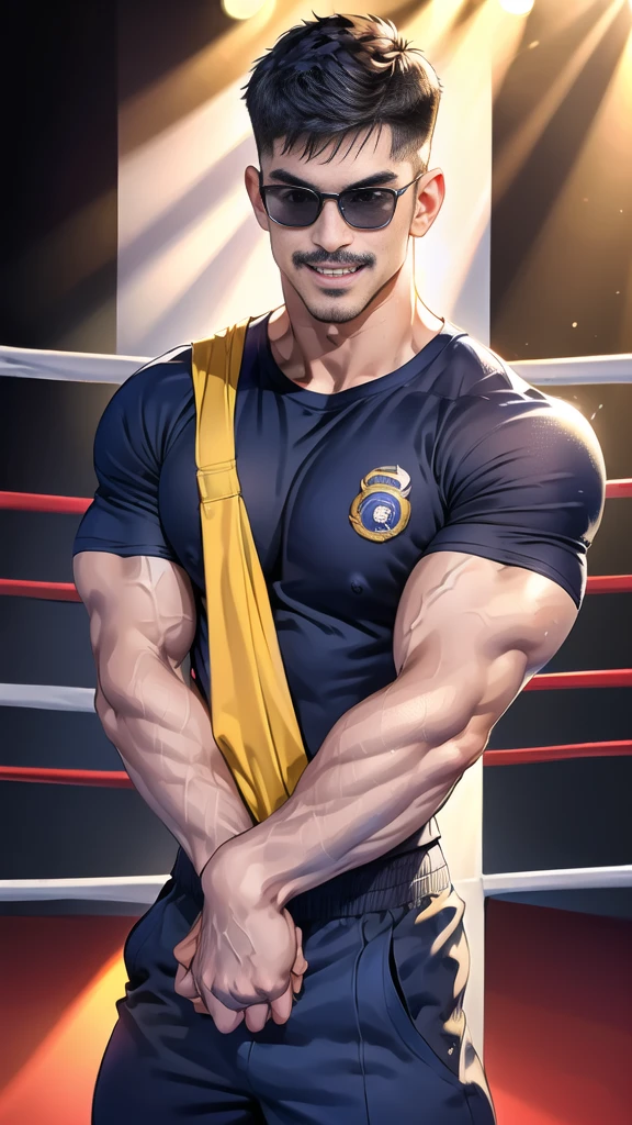(handsome Man),(Thin mustache:1.1),(crew cut short hair:1.5),black eye,
(navy blue tight-fitting round neck short sleeve T-shirt:1.3),(Police badge:1.3),navy blue cargo pants,(navy_gloves:1,3),(navy_backpack:1.3),(sunglasses:1.3),
Korean guy,chest muscles,large arm muscles,blood vessel,Big muscles,Broad shoulders,(open mouth:1.2),(face up:1.2),(open eyes:1.5),middle of the road,smile,(boxing ring:1.4),