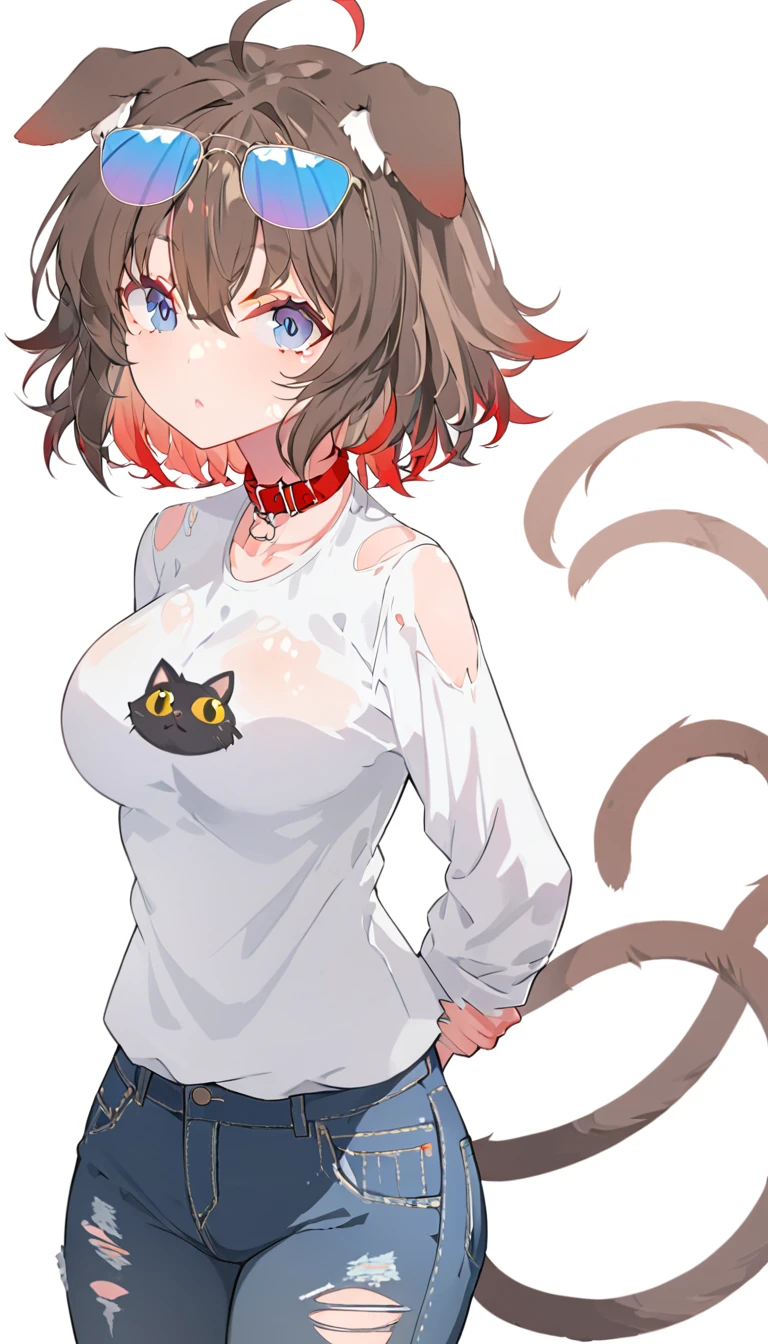 a cartoon woman in denim pants with red hair and glasses looks like a cat, 1girl, pants, animal ears, breasts, solo, tail, shirt, blue eyes, brown hair, large breasts, white shirt, eyewear on head, denim, short hair, white background, collar, looking at viewer, simple background, hair between eyes, sunglasses, animal ear fluff, dog ears, long sleeves, torn clothes, arm behind back, ahoge, jeans