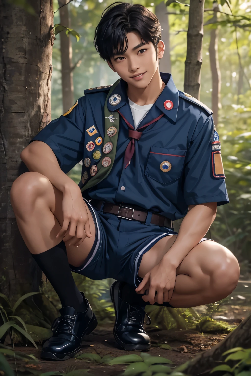 1 boy 15 years old hold together, smile, ((Wear a kaki boy scout uniform)), (Dark blue shorts:1.2),brown belt, black shoes, very handsome Korean guy , Japnese anime model men, (High gloss details), blood vessel, Big muscles, Broad shoulders, looking at the audience, Balancing the big black eyes, background the forest