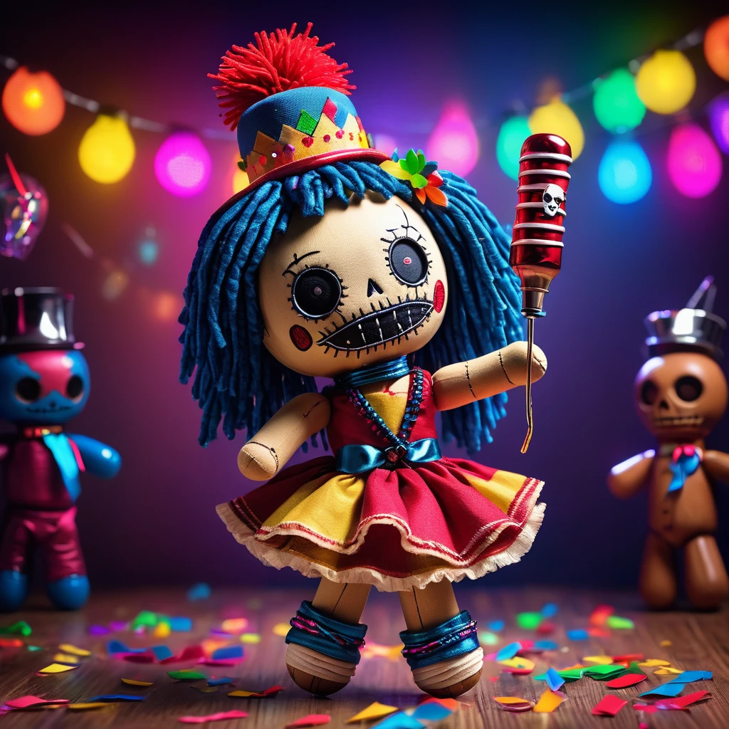 (knitted toy voodoo doll:1.7), (Voodoo at Party:1.3), (Clothing: trendy outfit with flashy accessories, stylish hat:1.0), (Accessories: drink in hand, party horn, confetti:1.2), (background: lively party scene with dancing people, colorful lights, and music equipment:1.2), best quality, masterpiece, detailed soft oil painting, detailed background, dramatic cinematic lighting, soft edge lighting, professional, dramatic lighting, hard edge lighting, ultra quality, 4k,masterpiece, best quality, 8k, ultra highres, highres, extremely detailed